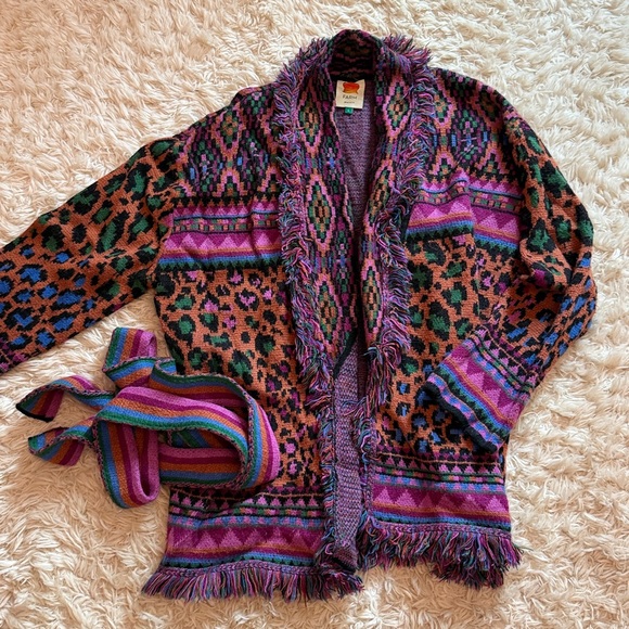 FARM Rio Multicolor Fringe Knit Cardigan - Pink Green Purple Black - Picture 6 of 7